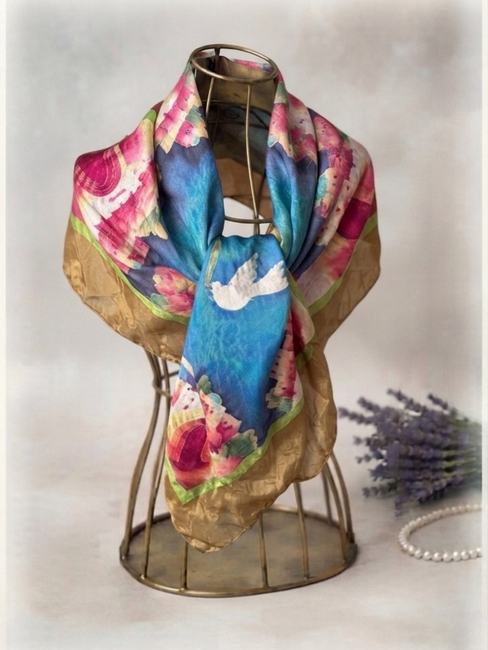 Vintage Hand-Painted Silk Scarf | Artisan Gold & Pink Italian Villa Print